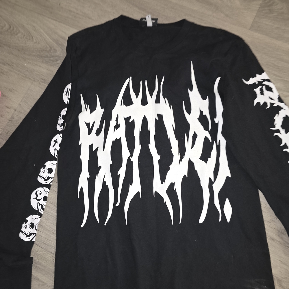 Black Long-Sleeve Graphic Tee with White Band-Style Logo